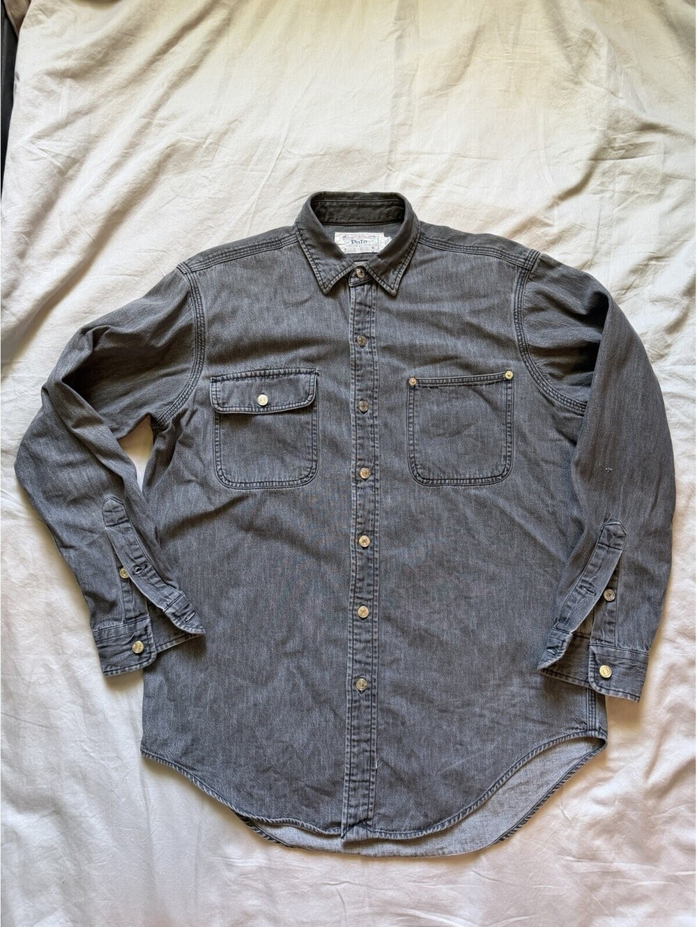 Vintage Polo Ralph Lauren Dungarees Charcoal Denim Shirt M Metal Buttons 90s